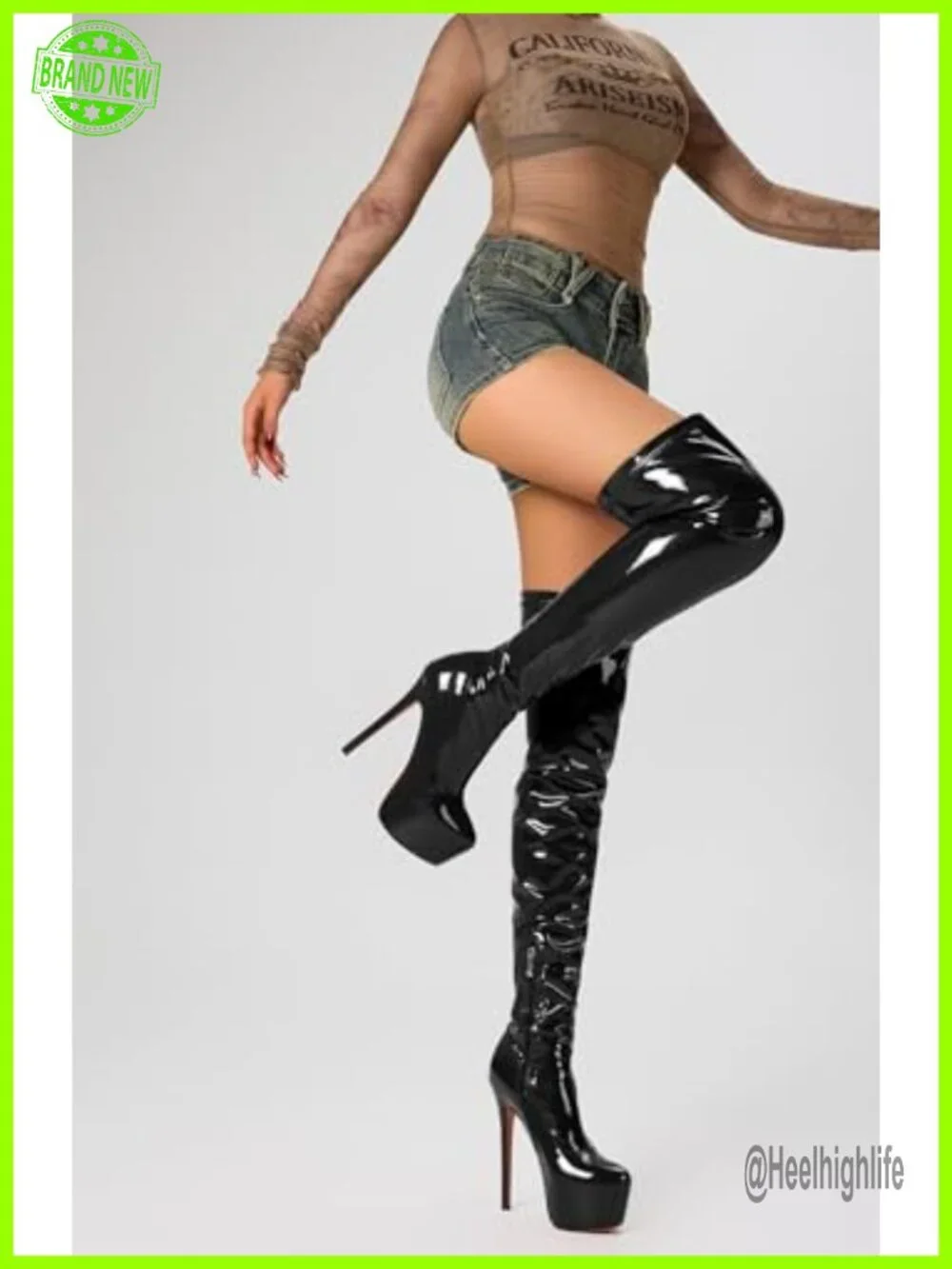 Patent Leather Over The Knee Stiletto Platform Boots Thigh High Heels 5.9in
